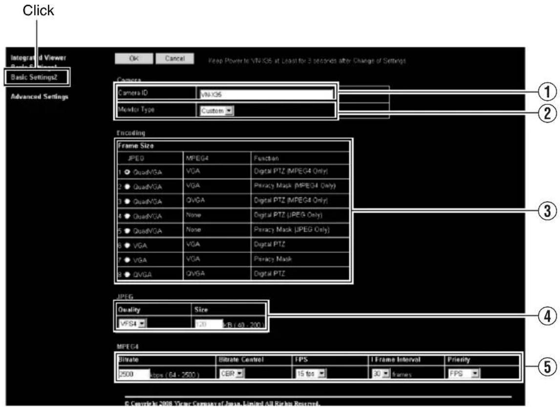 Click Integrated Viewer Basic Settings1 Basic Settings2 Advanced Settings OK Cancel Keep Power to VN XGS at Lead for 3 seconds after Change of Settings Camera Camera ID VN XGS Monitor Type Custom Encoding Frame Size JPEG MPEG4 Function 1 QuadrVGA VGA Digital PTZ (MPEG4 Only) 2 QuadrVGA VGA Privacy Mask (MPEG4 Only) 3 QuadrVGA OVGA Digital PTZ (MPEG4 Only) 4 QuadrVGA None Digital PTZ (JPEG Only) 5 QuadrVGA None Privacy Mask (JPEG Only) 6 VGA VGA Digital PTZ 7 VGA VGA Privacy Mask 8 OVGA Digital PTZ JPEG Quality Size VFS4 GB / 60 - 200 MPEG4 Bitrate Elibrate Control FPS I Frame Interval Priority 2500 kbps (64 - 2500) CBR 15 fps 30 frames FPS © Copyright © 2008 White Country Of Japan Limited All Rights Reserved.