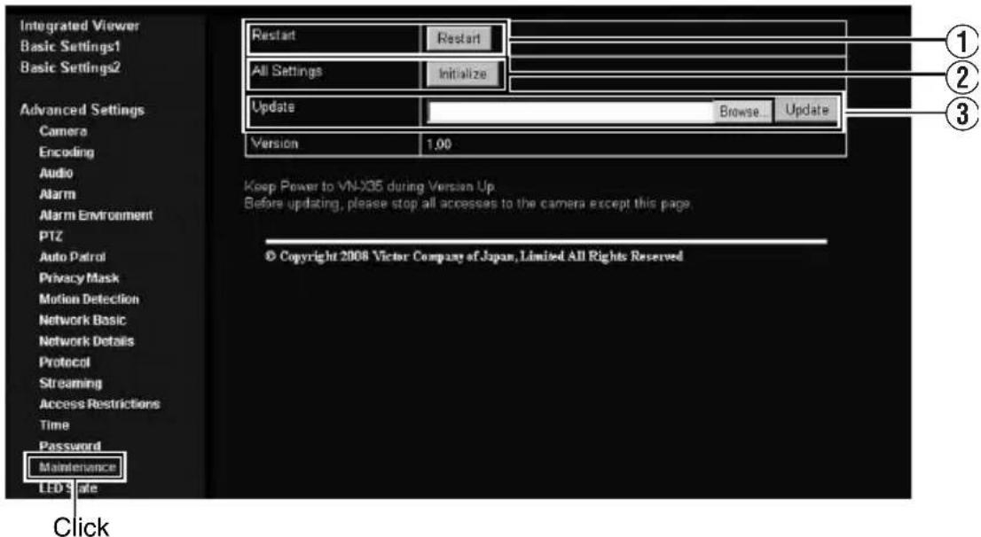 Integrated Viewer Basic Settings1 Basic Settings2 Advanced Settings Camera Encoding Audio Alarm Alarm Environment PTZ Auto Patrol Privacy Mask Motion Detection Network Basic Network Details Protocol Streaming Access Restrictions Time Password Maintenance LDS Safe Click Restart Restart All Settings Initialize Update Browse... Update Version 1.00 Keep Power to VN-X35 during Version Up. Before updating, please stop all accesses to the camera except this page. © Copyright 2008 Victor Company of Japan, Limited All Rights Reserved