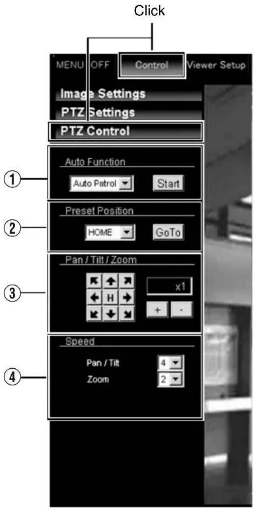 Click MENU OFF Control Viewer Setup Image Settings PTZ Settings PTZ Control 1 Auto Function Auto Patrol Start 2 Preset Position HOME GoTo 3 Pan / Tilt / Zoom x1 4 Speed Pan / Tilt 4 Zoom 2