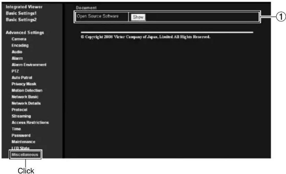 Integrated Viewer Basic Settings1 Basic Settings2 Advanced Settings Camera Encoding Audio Alarm Alarm Environment PTZ Auto Patrol Privacy Mask Motion Detection Network Basic Network Details Protocol Streaming Access Restrictions Time Password Maintenance LED State Miscellaneous Document Open Source Software Show © Copyright 2008 Victor Company of Japan, Limited All Rights Reserved. Click