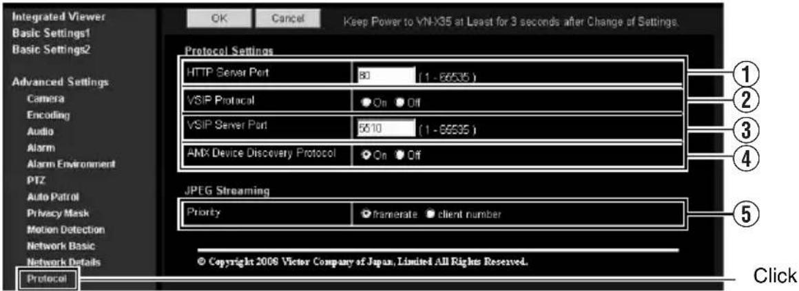 Integrated Viewer Basic Settings1 Basic Settings2 Advanced Settings Camera Encoding Audio Alarm Alarm Environment PTZ Auto Patrol Privacy Mask Motion Detection Network Basic Network Details Protocol OK Cancel Keep Power to VN-X35 at Least for 3 seconds after Change of Settings. Protocol Settings HTTP Server Port 80 (1 - 66535) VSIP Protocol ● On ● Off VSIP Server Port 5610 (1 - 66535) AMX Device Discovery Protocol ● On ● Off JPEG Streaming Priority ● framerate ● client number © Copyright 2006 Victor Company of Japan, Limited All Rights Reserved. Click