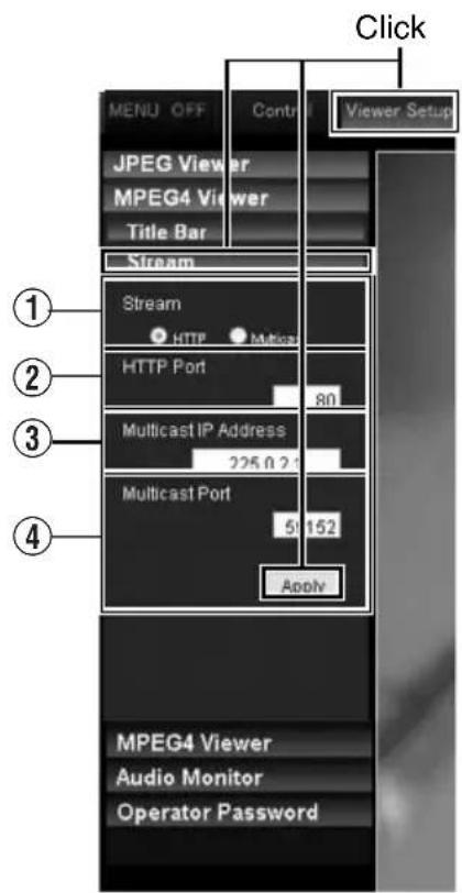 Click MENU OFF JPEG Viewer MPEG4 Viewer Title Bar Stream Stream HTTP Multicast HTTP Port 80 Multicast IP Address 225.0.2 Multicast Port 5 152 Apply MPEG4 Viewer Audio Monitor Operator Password