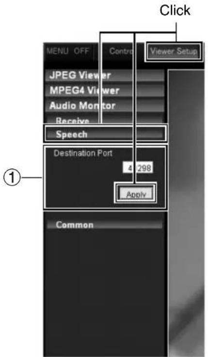 Click MENU OFF Control Viewer Setup JPEG Viewer MPEG4 Viewer Audio Monitor Receive Speech Destination Port 4 298 Apply Common