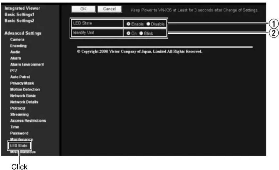Integrated Viewer Basic Settings1 Basic Settings2 Advanced Settings Camera Encoding Audio Alarm Alarm Environment PTZ Auto Patrol Privacy Mask Motion Detection Network Basic Network Details Protocol Streaming Access Restrictions Time Password Maintenance LED State Miscellaneous Click OK Cancel Keep Power to VN-X35 at Least for 3 seconds after Change of Settings. LED State Enable Disable Identify Unit On Blink © Copyright 2008 Victor Company of Japan, Limited All Rights Reserved.