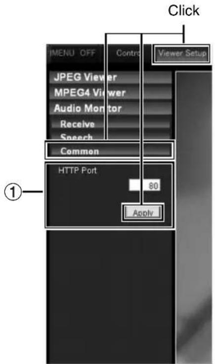 Click IMENU OFF Control Viewer Setup JPEG Viewer MPEG4 Viewer Audio Monitor Receive Speech Common HTTP Port 80 Apply ①