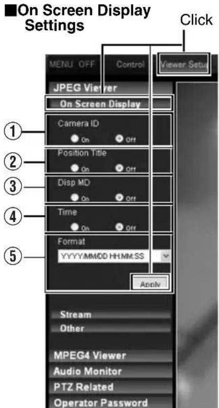■ On Screen Display Settings MENU OFF Control Viewer Setup JPEG Viewer On Screen Display Camera ID On Off Position Title On Off Disp MD On Off Time On Off Format YYYY/MM/DD HHMM/SS Apply Stream Other MPEG4 Viewer Audio Monitor PTZ Related Operator Password Click
