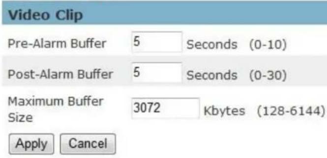 Video Clip Pre-Alarm Buffer 5 Seconds (0-10) Post-Alarm Buffer 5 Seconds (0-30) Maximum Buffer Size 3072 Kbytes (128-6144) Apply Cancel