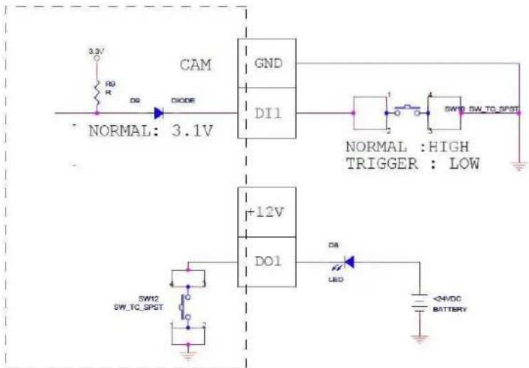 3.3V R9 R DG DIODE NORMAL: 3.1V GND DI1 1 2 SWID SW_TC_SPST NORMAL : HIGH TRIGGER : LOW +12V DO1 DS LED 24VDC BATTERY SW12 SW_TC_SPST