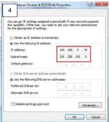 4 You can get IP settings assigned automatically if your network supports this capability. Otherwise, you need to ask your network administrator for the appropriate IP settings. Obtain an IP address automatically Use the following IP address: IP address: 192 . 163 , 0 . 98 Subnet mask: 255 . 255 , 255 . 0 Default gateway: . Obtain DNS server address automatically Use the following DNS server addresses: Preferred DNS server: . Alternate DNS server: . Validate settings upon exit Advanced... OK Cancel