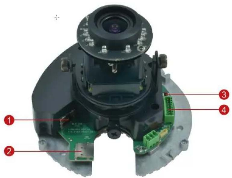 Labeled diagram of a camera module showing components including lens, circuit board, and connectors with numbered annotations.