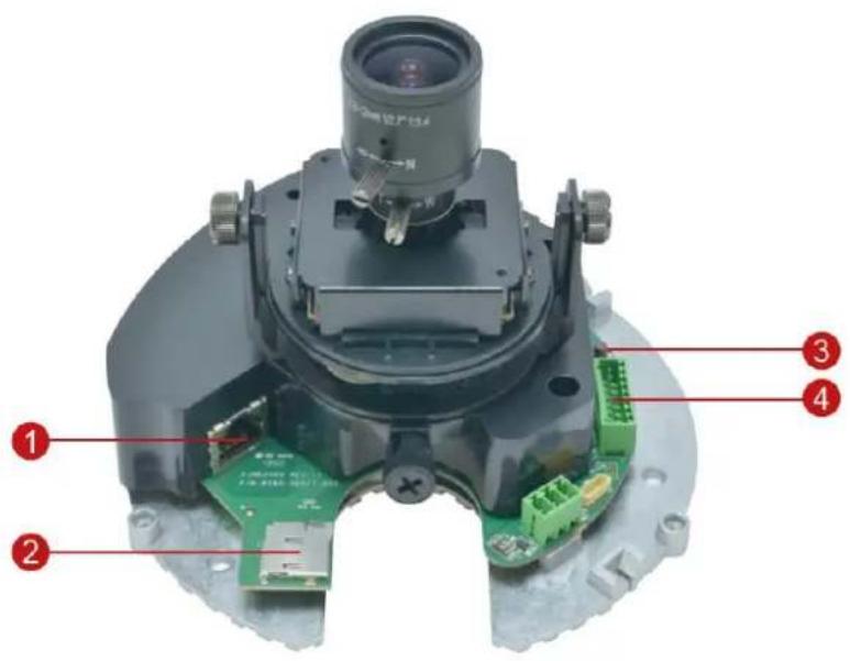 Labeled diagram of a camera module with numbered components and internal circuit board