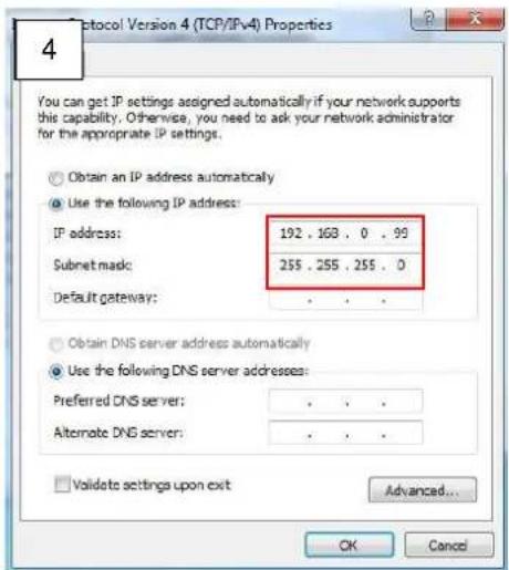 4 You can get IP settings assigned automatically if your network supports this capability. Otherwise, you need to ask your network administrator for the appropriate IP settings. Obtain an IP address automatically Use the following IP address: IP address: 192 . 168 . 0 . 99 Subnet mask: 255 . 255 . 255 . 0 Default gateway: Obtain DNS server address automatically Use the following DNS server addresses: Preferred DNS server: . Alternate DNS server: . Validate settings upon exit Advanced... OK Cancel