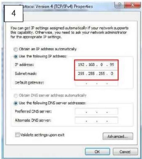 4 You can get IP settings assigned automatically if your network supports this capability. Otherwise, you need to ask your network administrator for the appropriate IP settings. Obtain an IP address automatically Use the following IP address: IP address: 192 , 168 , 0 , 99 Subnet mask: 255 , 255 , 255 , 0 Default gateway: . Obtain DNS server address automatically Use the following DNS server addresses: Preferred DNS server: . . . Alternate DNS server: . . . Validate settings upon exit Advanced... OK Cancel