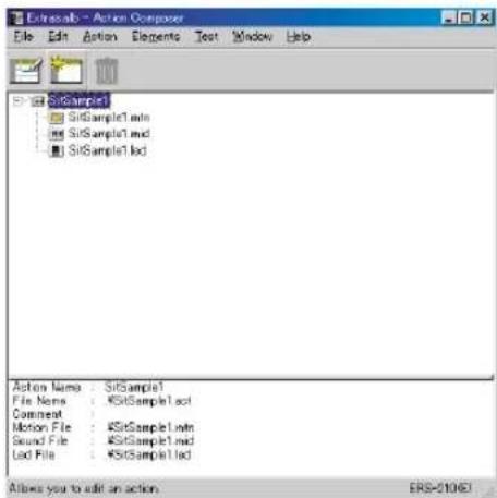 Extrassab - Action Composer File Edit Action Elements Text Window Help SisSample1 SisSample1.mln SisSample1.mcd SisSample1.bcd Action Name: SisSample1 File Name: *SisSample1.bcd Comment: Motion File: *SisSample1.mln Sound File: *SisSample1.mcd Lsd File: *SisSample1.bcd Allow you to edit an action ERS-201061