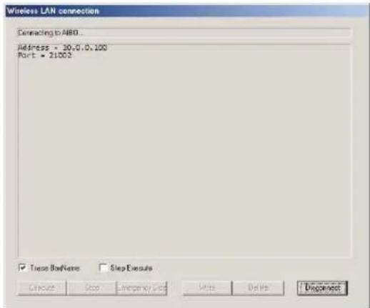 Wireless LAN connection Connecting to A80. Address = 20,0,0,100 Port = 21002 ✓ Touch Defaults ✓ Step Execute Create Size Incremental Cost Write Delete Disclose
