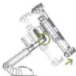 Technical diagram of a mechanical assembly with labeled components and directional arrows indicating motion or force
