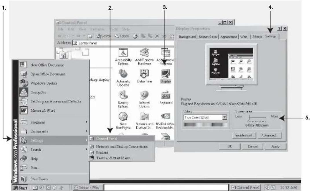 Control Panel File Edit View Favorites Tools Help Search Fabies Address Control Panel New Office Document Open Office Document Windows Update DesignPro Set Program Access and Defaults Microsoft Word Programs Documents Settings Search Help Run... Shut Down... Display Properties Background Screen Save Appearance Web Effects Settings Accessibility Options Add/Remove Hardware Add/Remove Programs Automatic Updates DeleteTime Display Gaming Options Internet Options Keyboard New BurnFights Network and Desktop Co. NVIDIA nView Desktop Ms. Control Panel Network and Desktop Connections Printers Tasks at & Start Menu... Display Plug and Play Monitor on NVIDIA GeForce2 MX/MX 400 Colors: Screen area True Color (32 bit) More Less 540 by 480 pixels Troubleshoot Advanced OK Cancel Apply 10:32 AM 5.