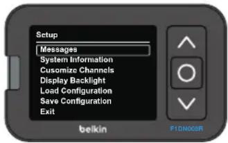 Setup Messages System Information Customize Channels Display Backlight Load Configuration Save Configuration Exit