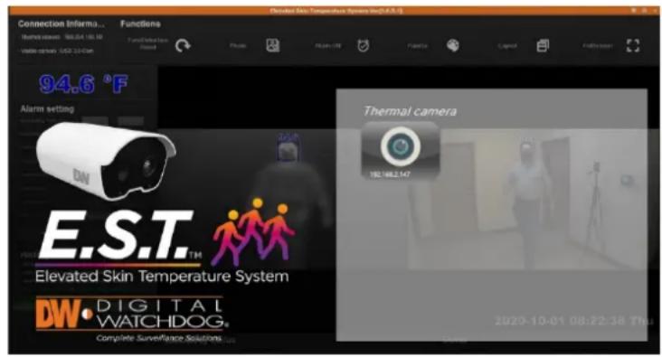 Connection Information... Functions Thermal sensors 160.264.180.30 Visible sensors, USD: 24-Chm 94.6 °F Alarm setting E.S.T. Elevated Skin Temperature System DW• DIGITAL WATCHDOG® Complete Surveillance Solutions Thermal camera 162.168.2.147 2020-10-01 08:22:38 TM