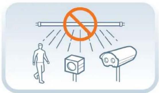 Safety warning illustration showing a person walking with a security camera and a no-smoking symbol above.