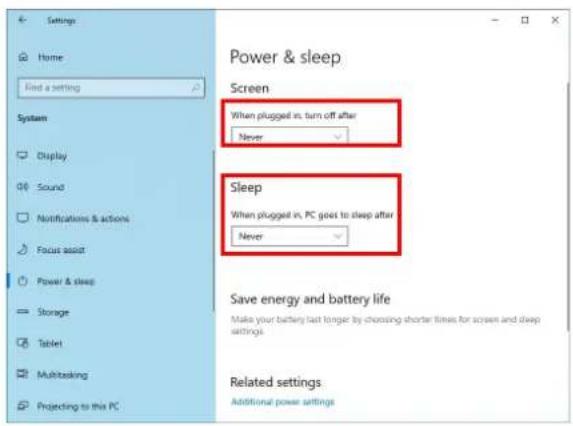 Settings Home Find a setting System Display Sound Notifications & actions Focus assist Power & sleep Storage Tablet Multisasking Projecting to this PC Power & sleep Screen When plugged in, turn off after Never Sleep When plugged in, PC goes to sleep after Never Save energy and battery life Make your battery last longer by choosing shorter times for screen and sleep settings. Related settings Additional power settings