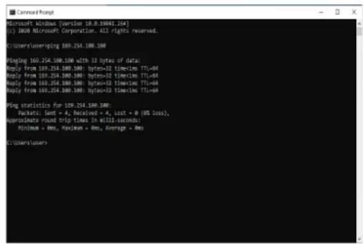 Microsoft kindows [Version 18.8.19041.264] (3) 2008 Microsoft Corporation. 411 rights reserved. C:\Users\unersping 169.254.100.100 Peging 169.254.100.100 with 33 bytes of data: Reply from 169.254.100.100: bytes=32时刻mic TTL=64 Reply from 169.254.100.100: bytes=32时刻mic TTL=64 Reply from 169.254.100.100: bytes=32时刻mic TTL=64 Reply from 169.254.100.100: bytes=32时刻mic TTL=64 Peging statistics for 169.254.100.100: Packets: Sum = A, Received = A, Lost = 0 (US loss), Average: Round trip times in milli-seconds: Minimum = 0ms, Maximum = 0ms, Average = 0ms C:\Users\user>