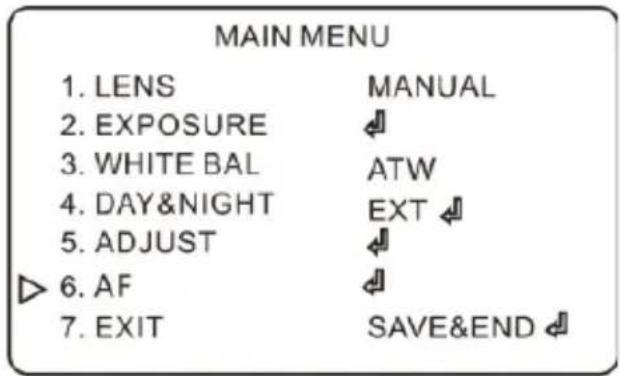 MAIN MENU 1. LENS 2. EXPOSURE 3. WHITE BAL 4. DAY&NIGHT 5. ADJUST 6. AF 7. EXIT MANUAL ATW EXT SAVE&END