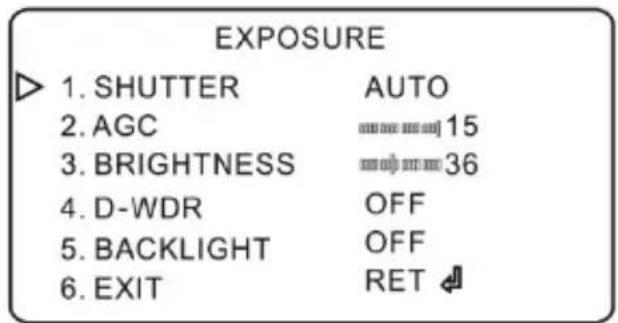EXPOSURE 1. SHUTTER AUTO 2. AGC 15 3. BRIGHTNESS 36 4. D-WDR OFF 5. BACKLIGHT OFF 6. EXIT RET