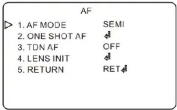 AF 1. AF MODE SEMI 2. ONE SHOT AF ✓ 3. TDN AF OFF 4. LENS INIT ✓ 5. RETURN RET