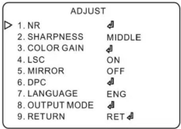 ADJUST 1. NR 2. SHARPNESS MIDDLE 3. COLOR GAIN 4. LSC ON 5. MIRROR OFF 6. DPC 7. LANGUAGE ENG 8. OUTPUT MODE 9. RETURN RET