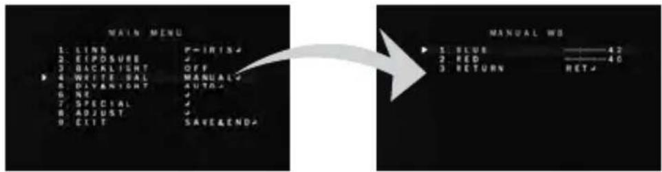 MAIN MENU 1: LINS 2: EPOSSUE 3: BACKLIGHT 4: WRITE BAL 5: DIYANIGHT 6: NE 7: SPECIAL 8: ADJUST 9: EXIT P=IRIS# ✓ ✓ OFF MANUAL# AUTO# ✓ ✓ ✓ SAVE&END# MANUAL WO 1: BLUE 2: RED 3: RETURN 42 40