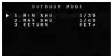 OUTDOON MODE ▶ 1 MIN SHU 1/30 2. MAX SHU 1/60 3 RETURN RET