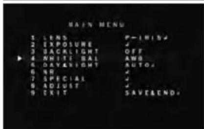 MAIN MENU 1. LENS F-1H154 2. EXPOSURE + 3. BACKLIGHT OFF 4. WHITE BALL AWS 5. DAY & NIGHT AUTO. 6. NR + 7. SPECIAL + 8. ADJUST + 9. EXIT SAVE&END.