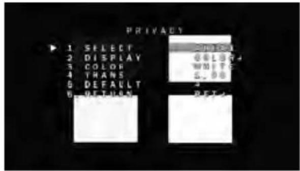PRIVACY 1 SELECT 2 DISPLAY 3 COLOR 4 TRANS 5 DEFAULT 6 RETURN SELECT COLOR WHITE S. 00 DET
