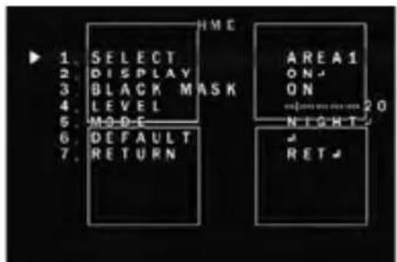1. SELECT 2. DISPLAY 3. BLACK MASK 4. LEVEL 5. MODE 6. DEFAULT 7. RETURN HME AREA1 ON ON RIGHT 20 RIGHT RET
