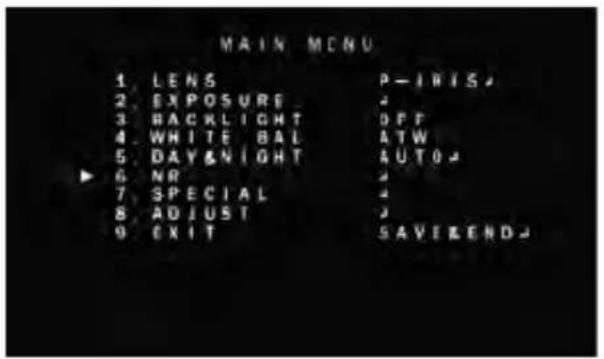 MAIN MENU 1. LENS P—IRIS 2. EXPOSURE 2 3. BACKLIGHT DFF 4. WHITE BAL ATW 5. DAY&NIGHT AUTO 6. NR 2 7. SPECIAL 2 8. ADJUST 2 9. EXIT SAVELEND