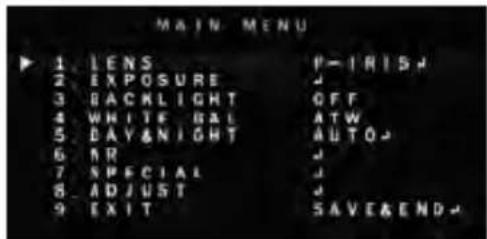 MAIN MENU 1. LENS 2. EXPOSURE 3. BACKLIGHT 4. WHITE BAL 5. DAY&NIGHT 6. NR 7. SPECIAL 8. ADJUST 9. EXIT P-IRIS# J OFF ATW AUTO# J J J J SAVE&END#