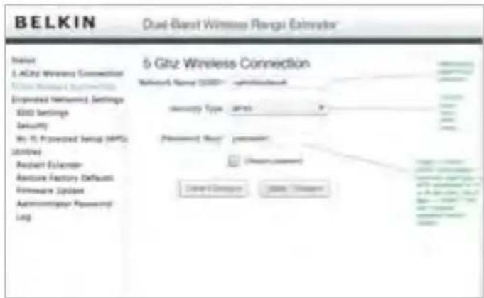 BELKIN Dual-Band Wireless Range Estimate Value: 1.4GHz Wireless Connection 2.5 GHz Wireless Connection 3.0 GHz Wireless Connection (Operated Network) Settings 8000 Settings Security Wt 9. Provoiced Setup (MPS) Junctional Request Exchange- Restore Factory Default Hardware Update Administrator Password Log 5 GHz Wireless Connection Network Type: wireless memory Type: wireless Password Type: password (Operated Service) Current Address Current Address Copyright Address Copyright Address Copyright Address Copyright Address