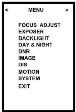 < MENU > FOCUS ADJUST EXPOSER BACKLIGHT DAY & NIGHT DNR IMAGE DIS MOTION SYSTEM EXIT