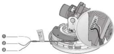 Technical diagram showing a mechanical assembly with labeled parts, including a cable and a magnified inset view.