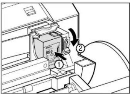 Technical diagram showing a printer or printer with labeled parts and directional arrows indicating motion or operation.