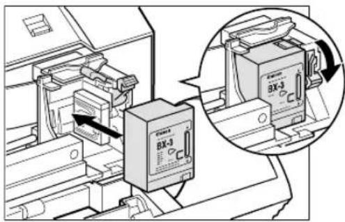 Technical diagram showing a printer's internal components with labeled BX-3 devices and directional arrows indicating assembly or inspection.