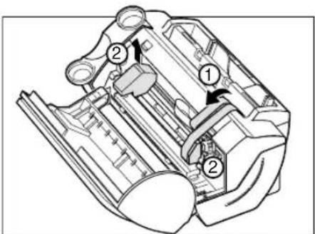 Technical diagram of a mechanical device with numbered components and directional arrows indicating flow or movement.
