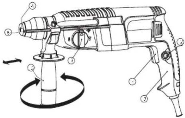 Technical diagram of a drill press with numbered parts and directional arrows indicating motion or assembly.