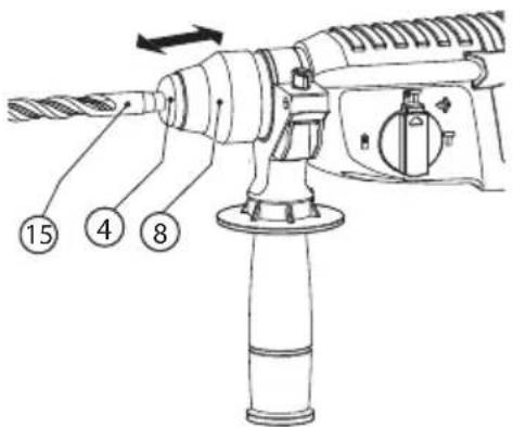 Technical diagram of a drill bit with numbered parts and directional arrow indicating motion