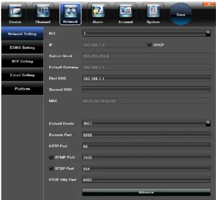 Device Channel Network Alarm Account System Save Network Setting DDNS Setting NTP Setting Email Setting Platform NIC 1 IP 192.168.1.3 DHCP Subnet Mask 255.255.255.0 Default Gateway 192.168.1.1 First DNS 192.168.1.1 Second DNS MAC 00:21:4b/10:0c:48 Default Route NIC1 Remote Port 5050 HTTP Port 80 RTMP Port 1935 RTSP Port 554 RTSP Http Port 8002 Advance