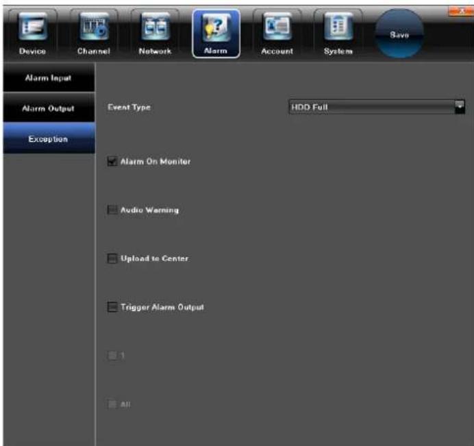 Device Channel Network Alarm Account System Save Alarm Input Alarm Output Exception Event Type HDD Full ✓ Alarm On Monitor ✓ Audio Warning ✓ Upload to Center ✓ Trigger Alarm Output □ 1 □ All