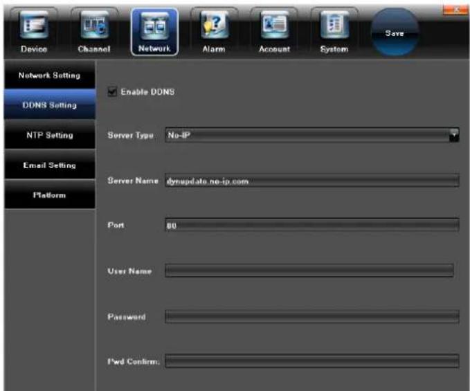 Device Channel Network Alarm Account System Save Network Setting DDNS Setting NTP Setting Email Setting Platform Enable DDNS Server Type: No-IP Server Name idnuplate.no-ip.com Port 00 User Name Password Pwd Confirm.