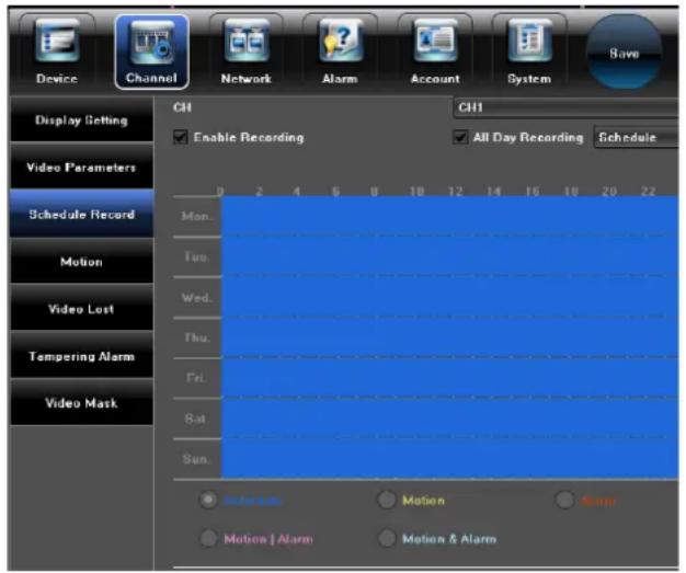 Device Channel Network Alarm Account System Save Display Setting Video Parameters Schedule Record Motion Video Lost Tempering Alarm Video Mask CH Enable Recording CH1 All Day Recording Schedule Mon. Tue. Wed. Thu. Fri. Sat. Sun. Motion Balls Motion Motion & Alarm Motion | Alarm