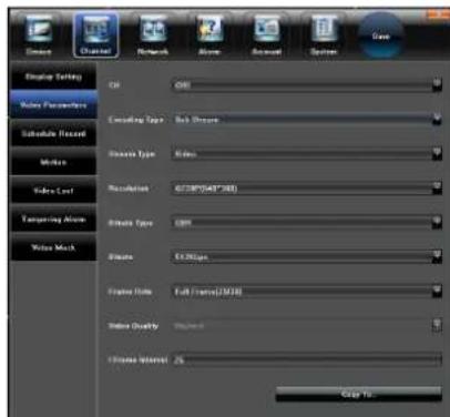 Display Setting Video Parameters Schedule Record Motion Video List Targeting Active Voice Mask OK 600 Locking Type: Max Strange Noise Type: Video Resolution: 0.738*(0.48*300) Noise Type: 100 Blur: 0.250bps Frame Rate: Full Frame(50Hz) Video Quality: 99.000 Frame Interval: 25 Copy to...
